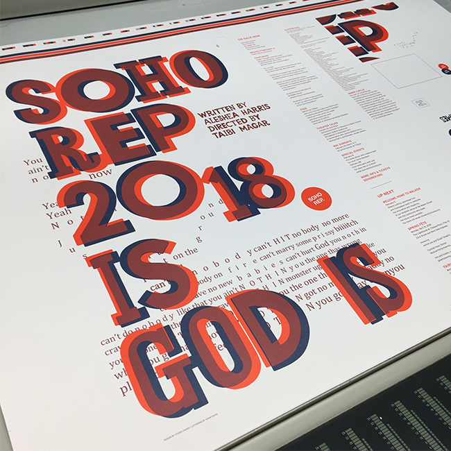 Press sheets for Poster designed by Studio Usher for the play 'Is God Is' written Aleshea Harris