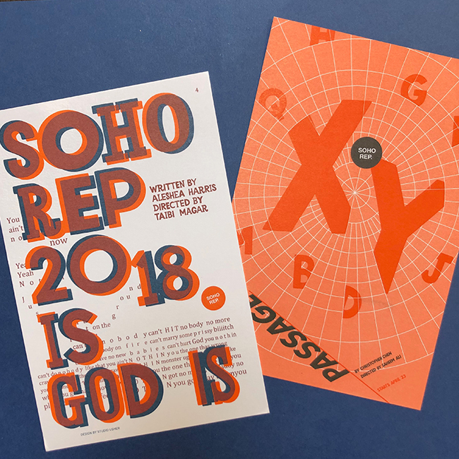 Postcards designed to promote two different shows at Soho Rep