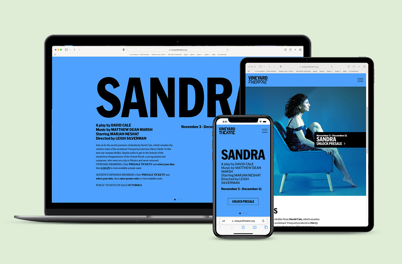 Vineyard Theatre desktop-tablet-mobile website design by Studio Usher.