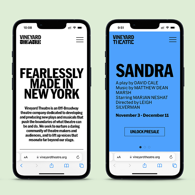 Vineyard Theatre mobile website design by Studio Usher.