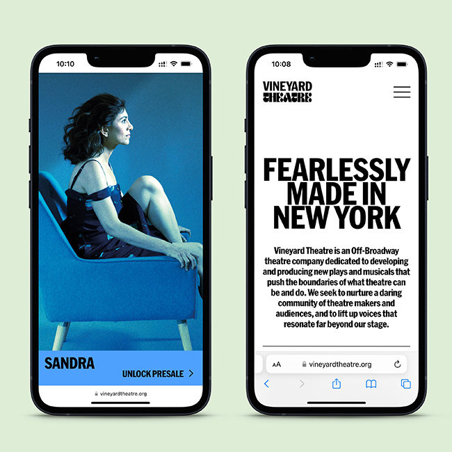 Vineyard Theatre mobile website design by Studio Usher.