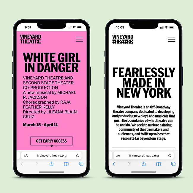 Vineyard Theatre mobile website design by Studio Usher.