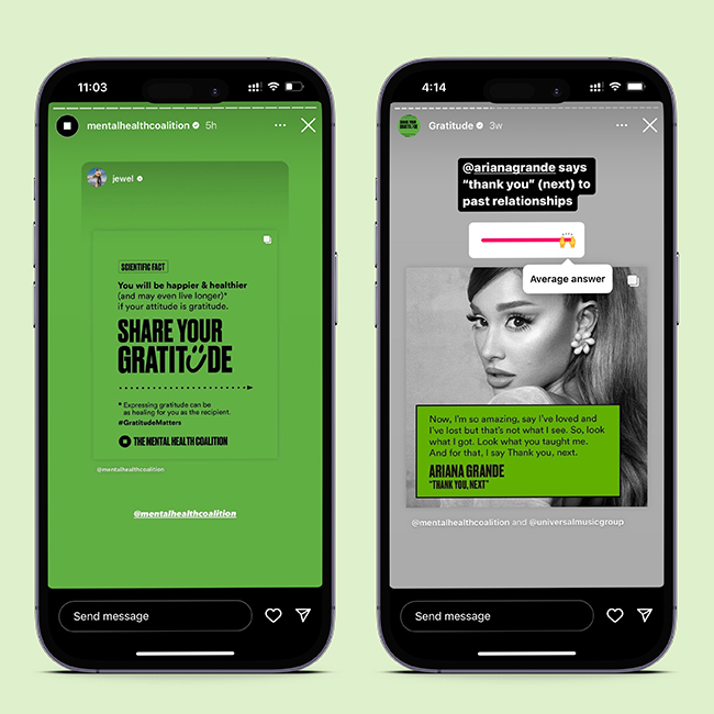 Mobile website for the Mental Health Coalition showing Ariana Grande