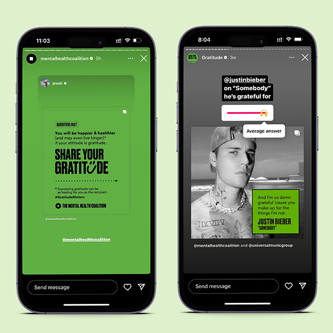 Mobile website for the Mental Health Coalition showing Justin Bieber